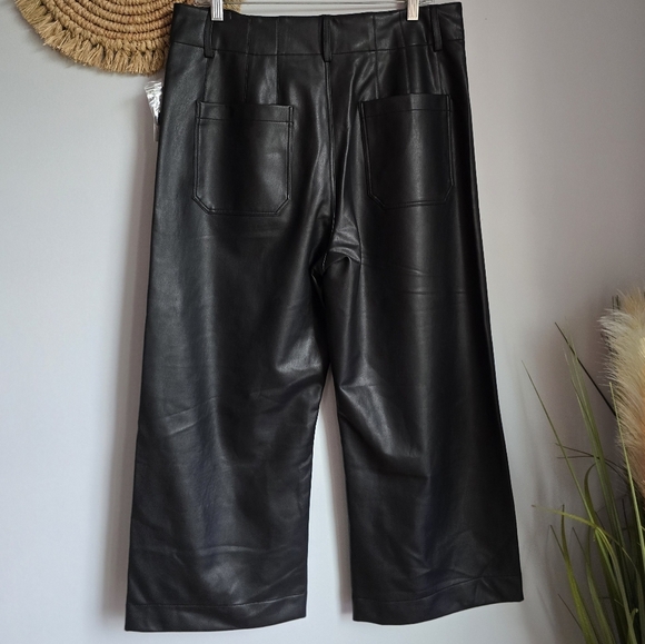 Anthropologie New Maeve Colette Black Wide Leg Faux Leather Pants SZ 33 PETITE - Picture 4 of 9
